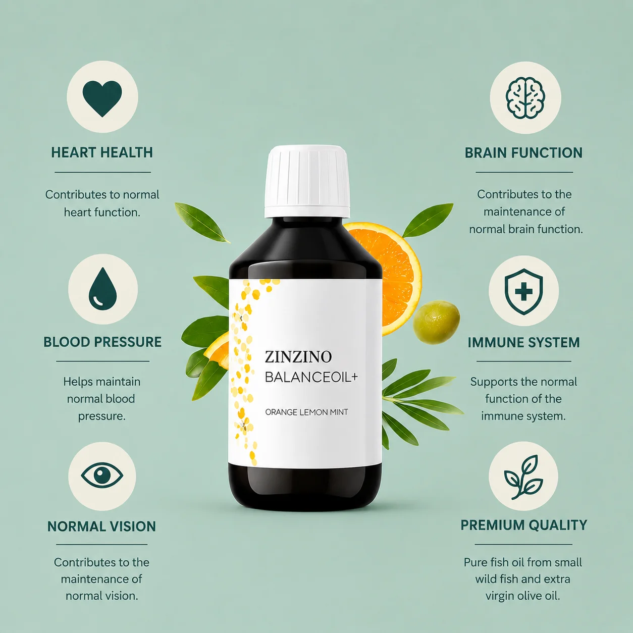 Zinzino BalanceOil+ infographic with the EU-authorised claims: heart, brain function, vision, blood pressure and immune system