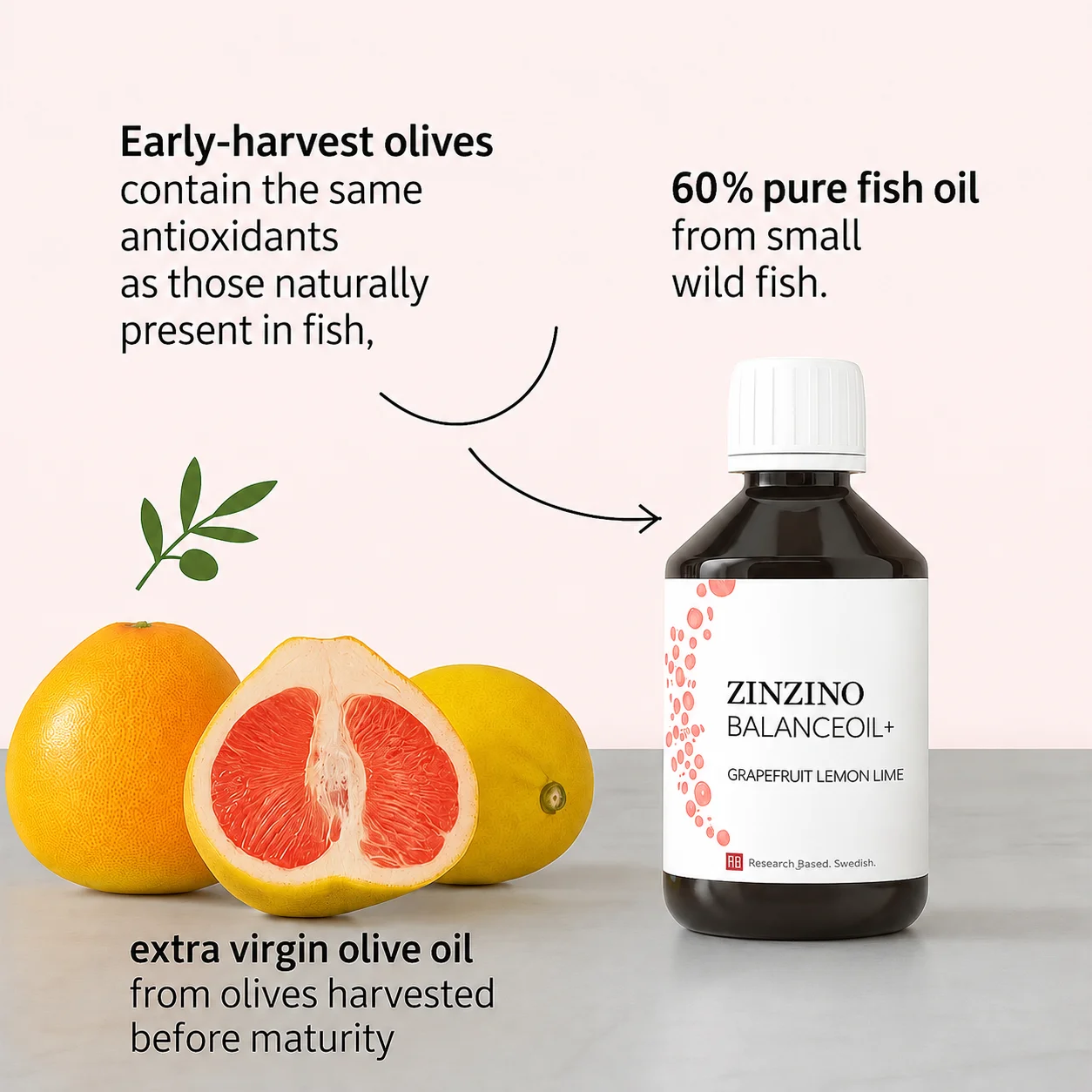 Composition of Zinzino BalanceOil+: 60% pure fish oil from small wild fish and extra virgin olive oil from early-harvest olives