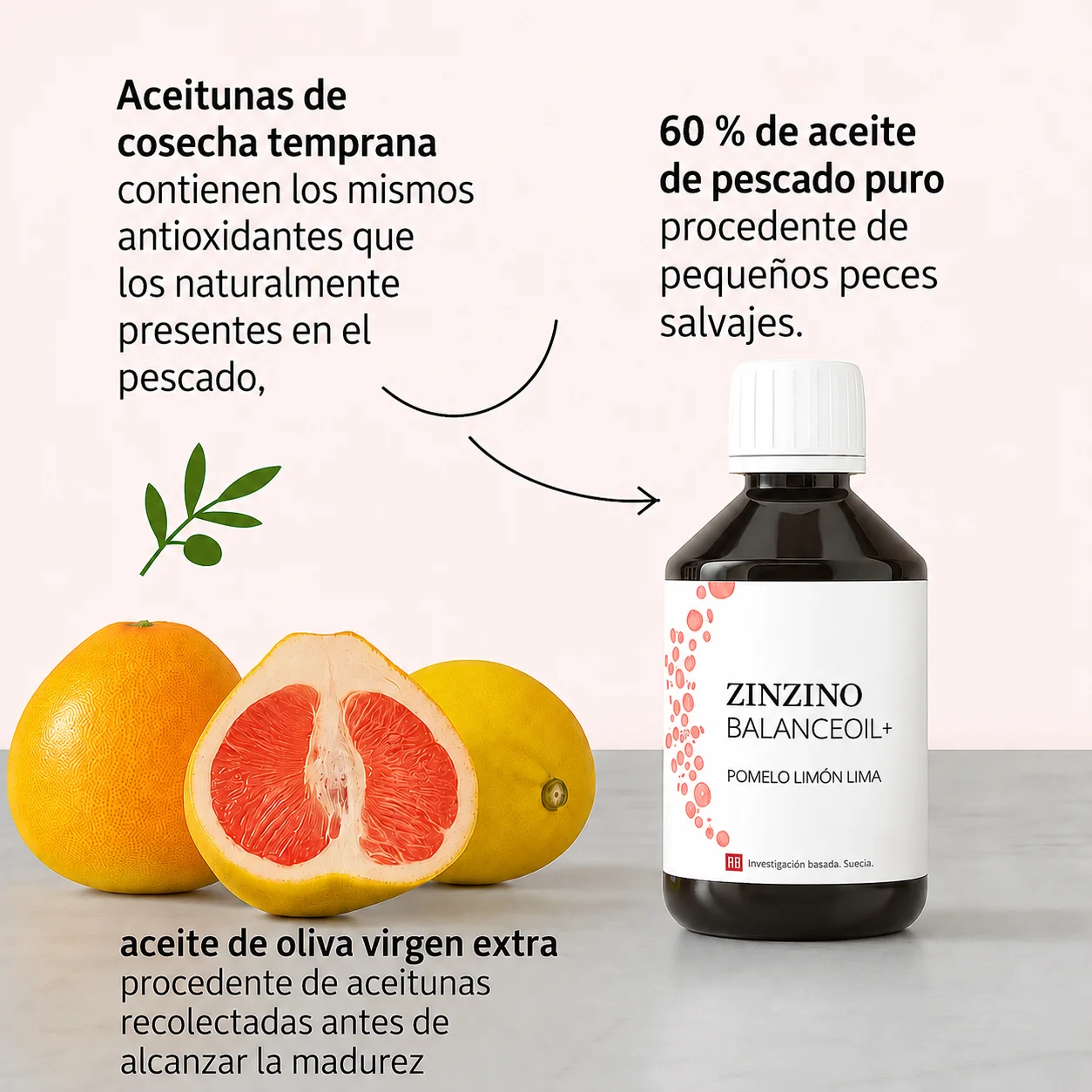 Composición de BalanceOil+ de Zinzino: 60 % de aceite de pescado puro de pequeños peces salvajes y aceite de oliva virgen extra de cosecha temprana