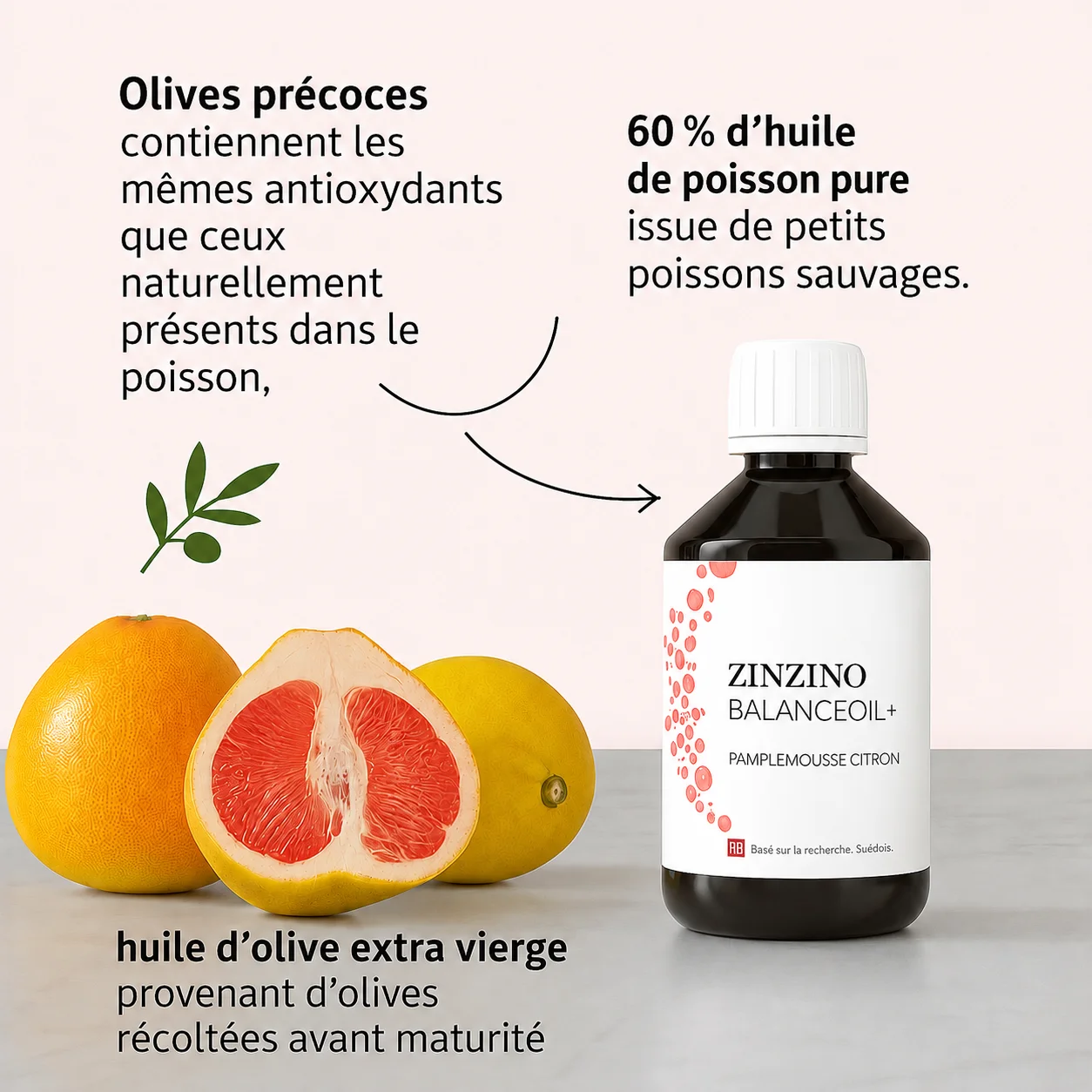 Composition de BalanceOil+ de Zinzino : 60 % d'huile de poisson pure issue de petits poissons sauvages et huile d'olive vierge extra d'olives précoces