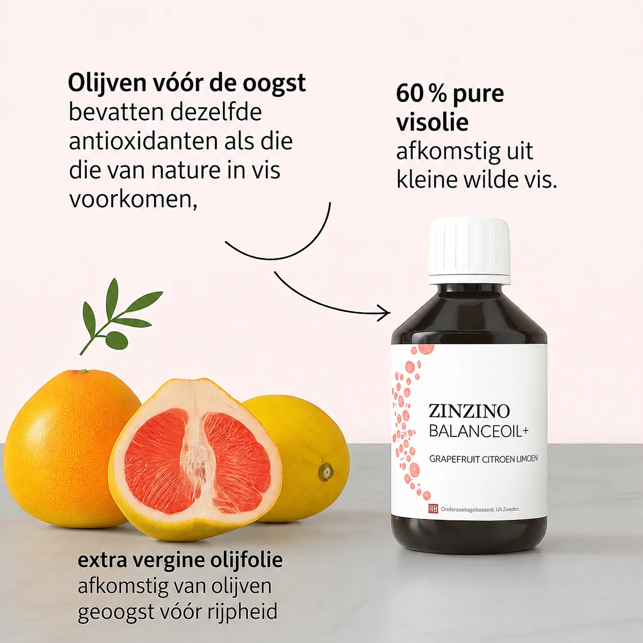 Samenstelling van Zinzino BalanceOil+: 60 % pure visolie uit kleine wilde vis en extra vergine olijfolie van vroeg geoogste olijven