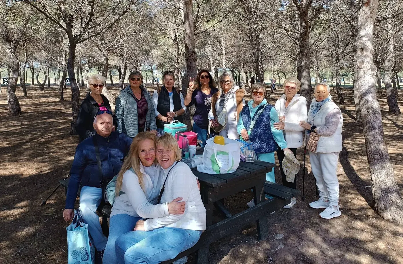 Le groupe de marche autour d'un pique-nique dans la pinède