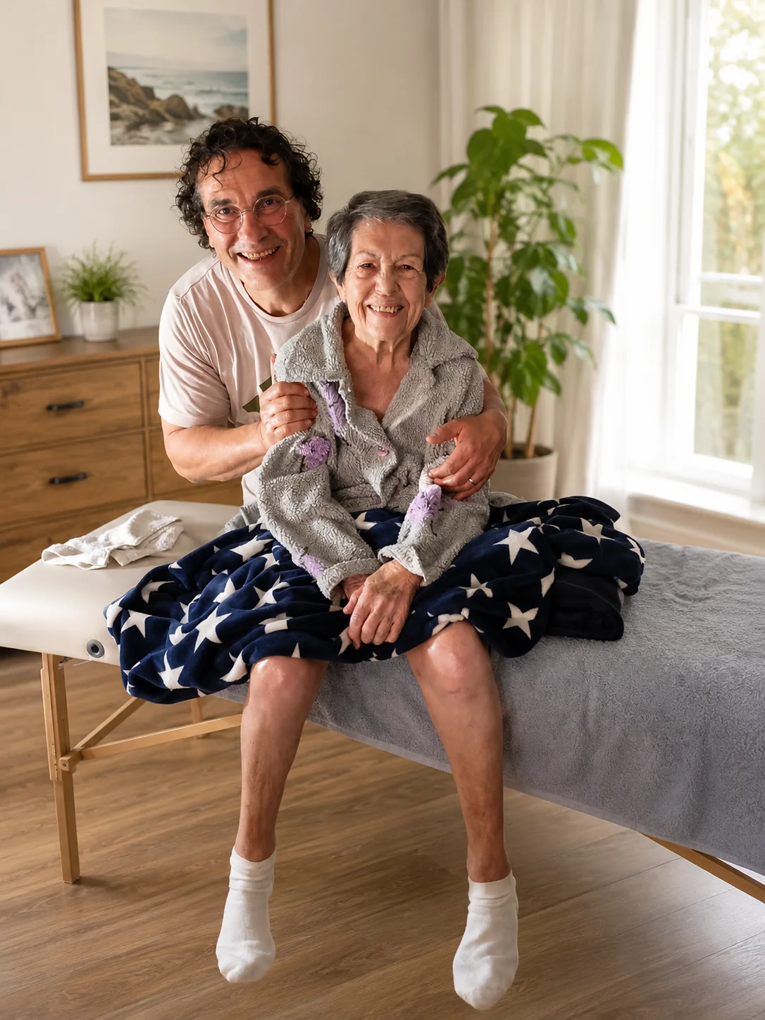 Pasqual et une cliente, tout sourire, assis sur la table de soins