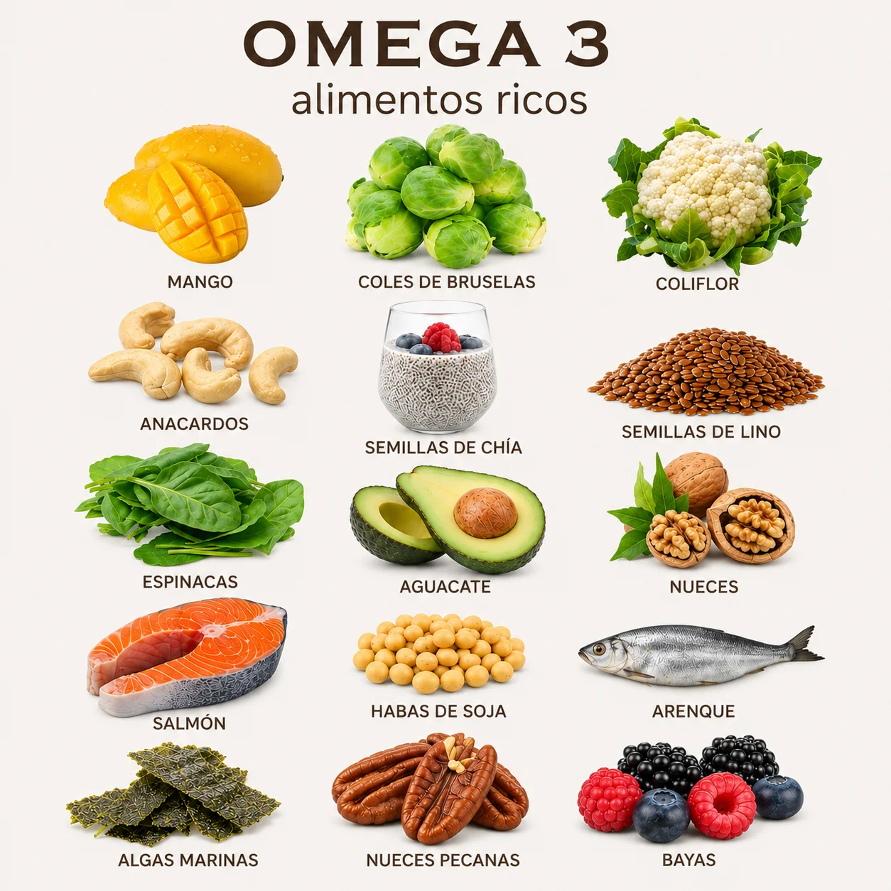 Infografía de alimentos ricos en omega 3: salmón, arenque, semillas de chía y de lino, nueces, aguacate, espinacas, soja y algas marinas