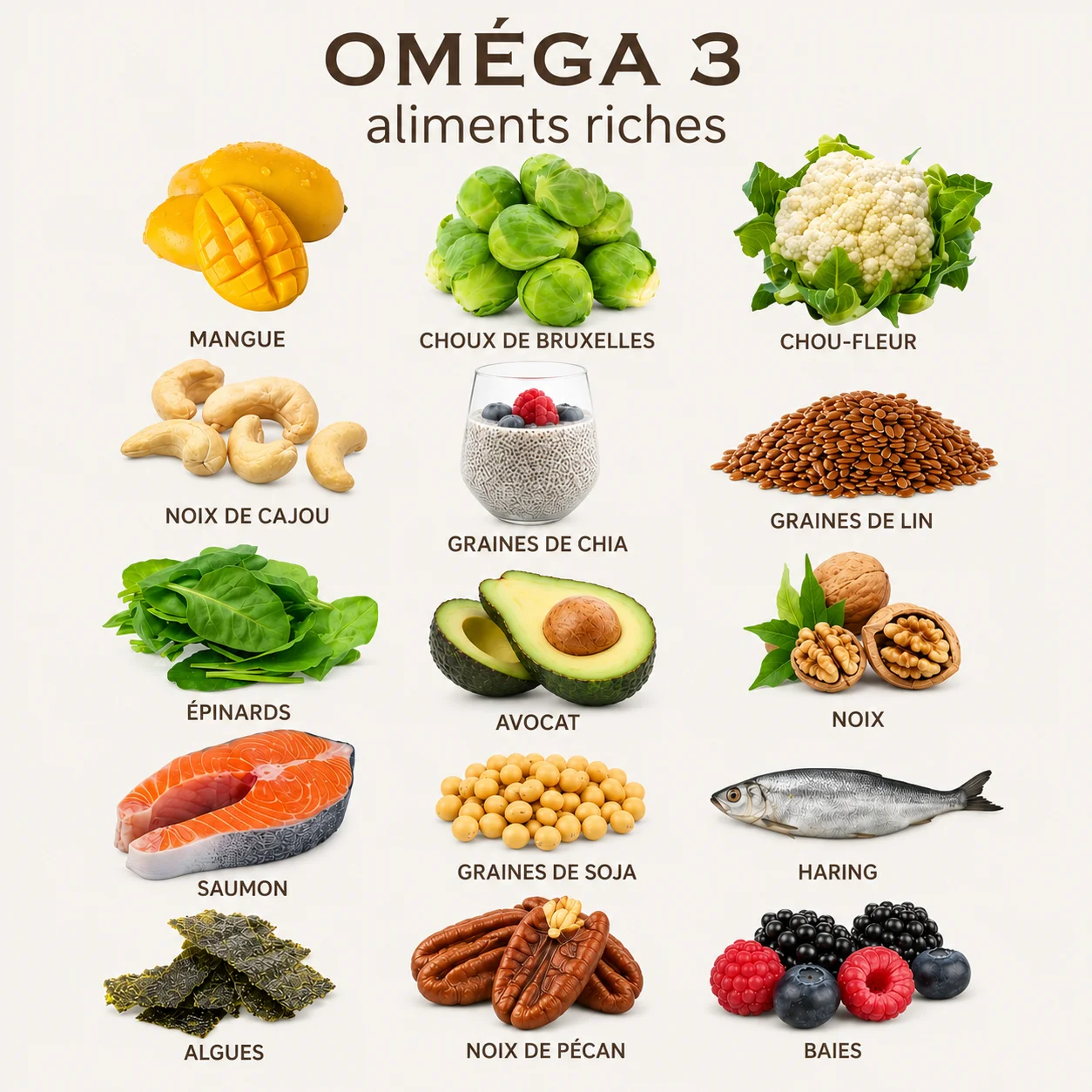 Infographie des aliments riches en oméga-3 : saumon, hareng, graines de chia et de lin, noix, avocat, épinards, soja et algues