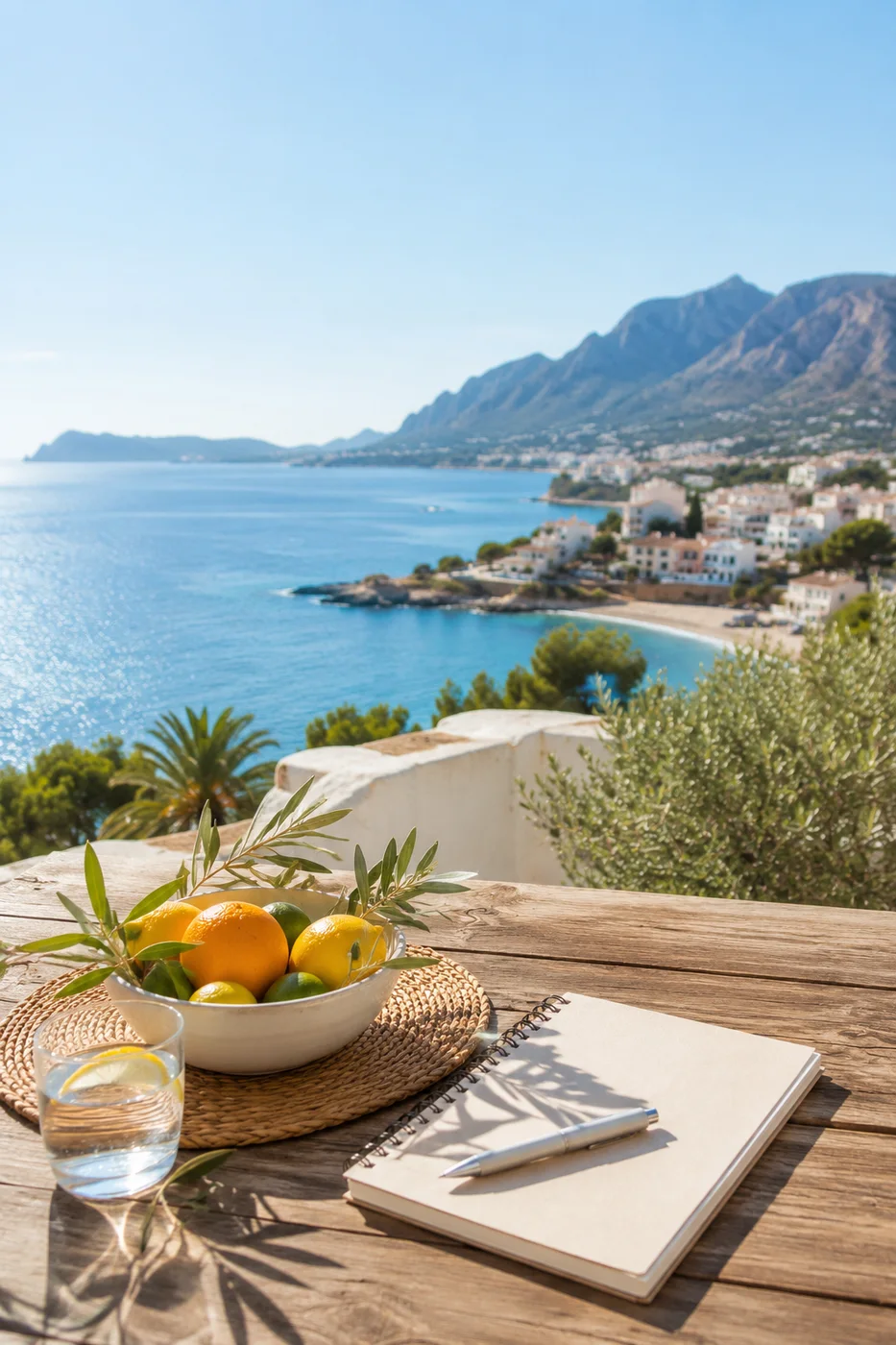 Accompagnement oméga-3 sur la Costa Blanca : terrasse face à la Méditerranée avec fruits frais et carnet