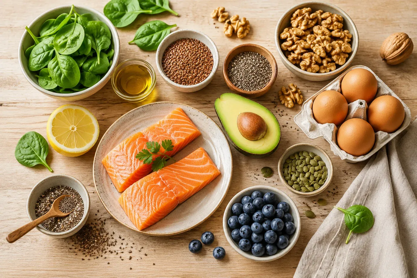 Aliments riches en oméga-3 : saumon, avocat, noix, graines de chia, épinards et œufs