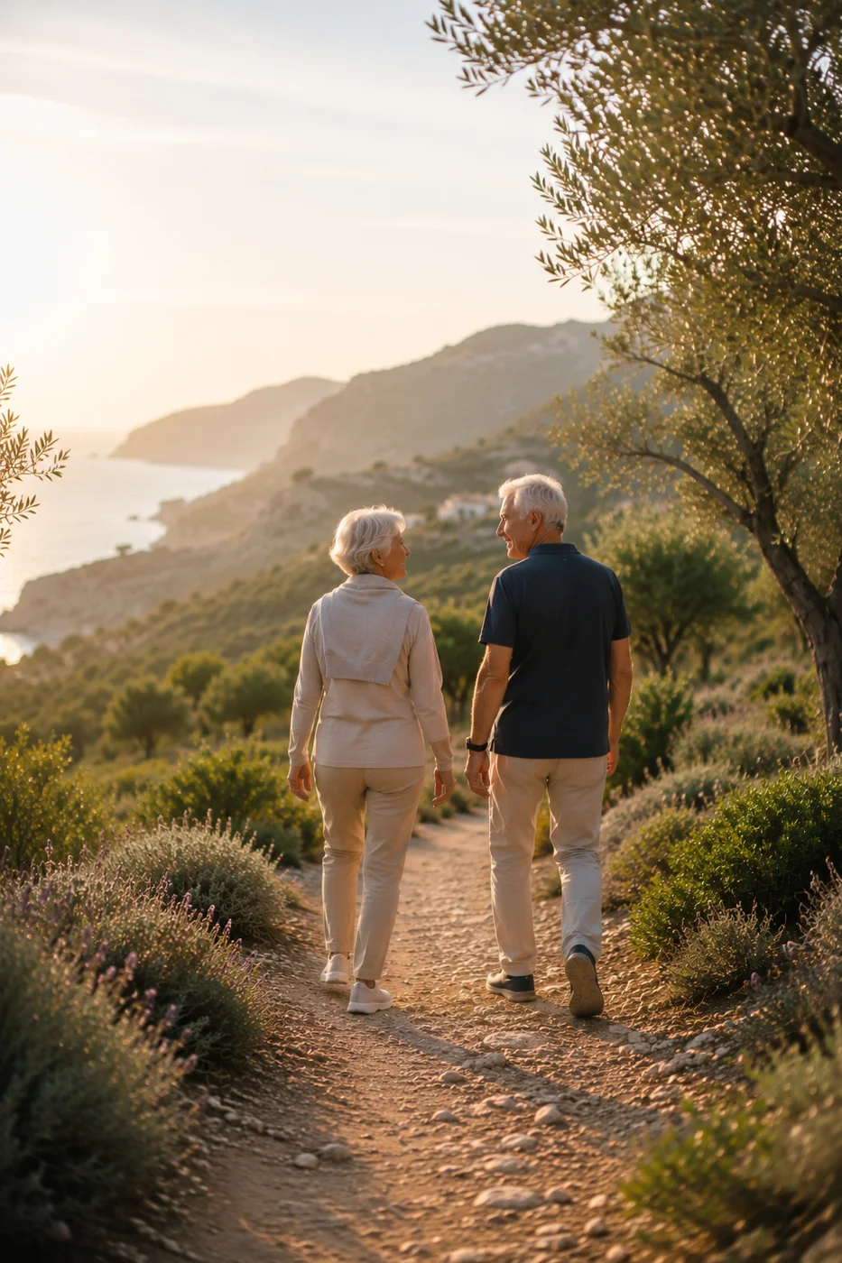 Un couple de seniors marche au coucher du soleil sur un sentier côtier de la Costa Blanca