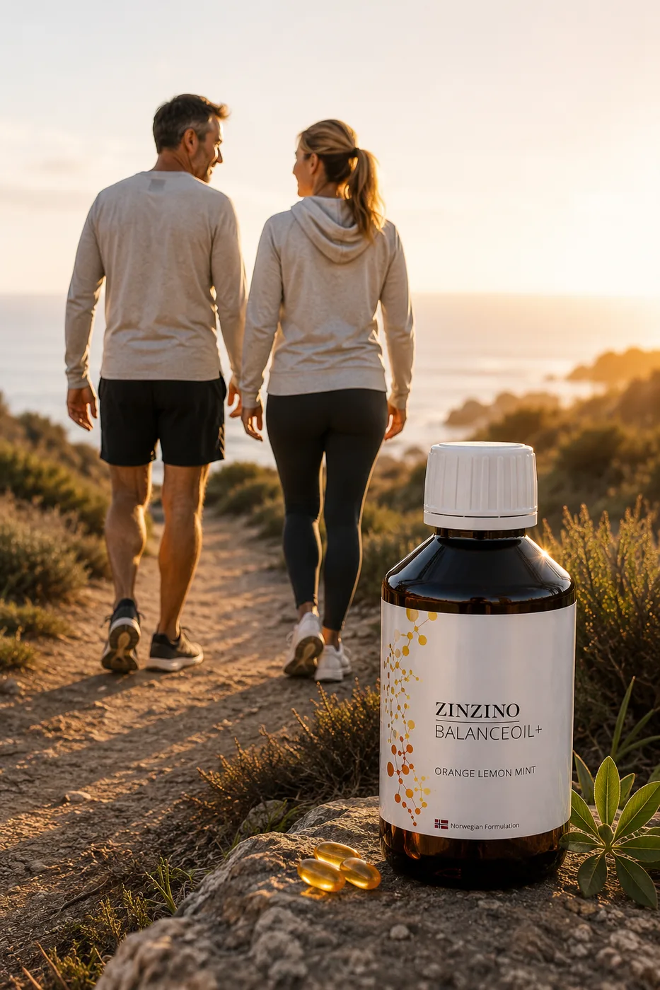 Un couple marche au coucher du soleil sur la Costa Blanca, avec un flacon Zinzino BalanceOil au premier plan